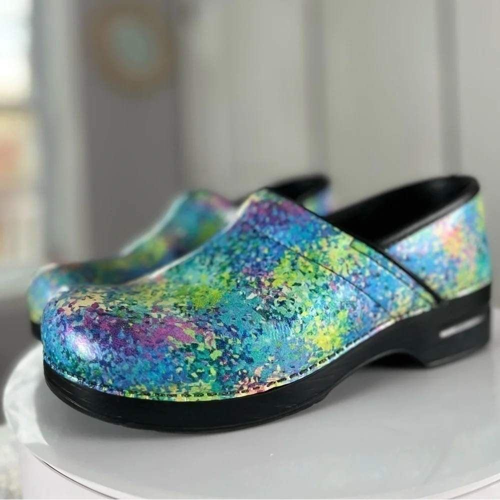 Dansko Teal Purple Pink Green Yellow Speckled Leather Clogs Size 11.5 - Picture 10 of 17
